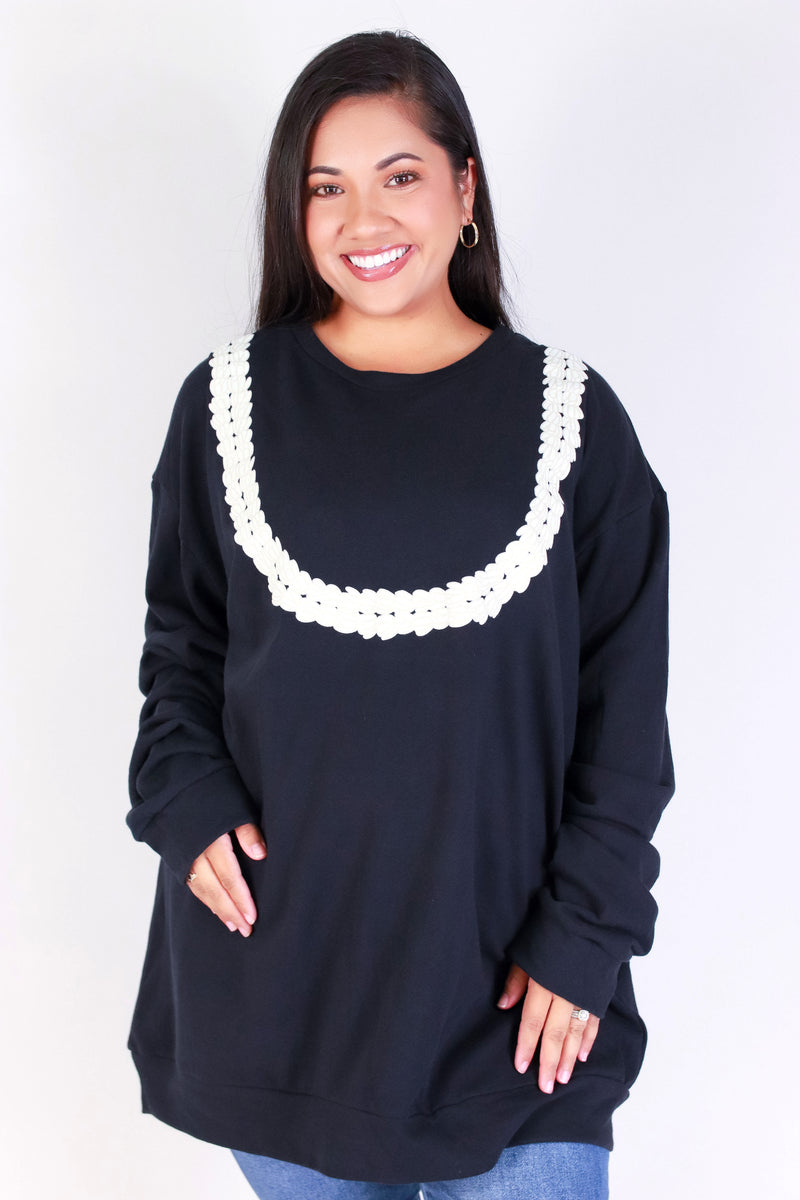 Jeans Warehouse Hawaii - PLUS SOLID LONG SLV TOPS - DOUBLE STRAND PIKAKE LEI SWEATER | By ROCK & ROSE BY CHERIE
