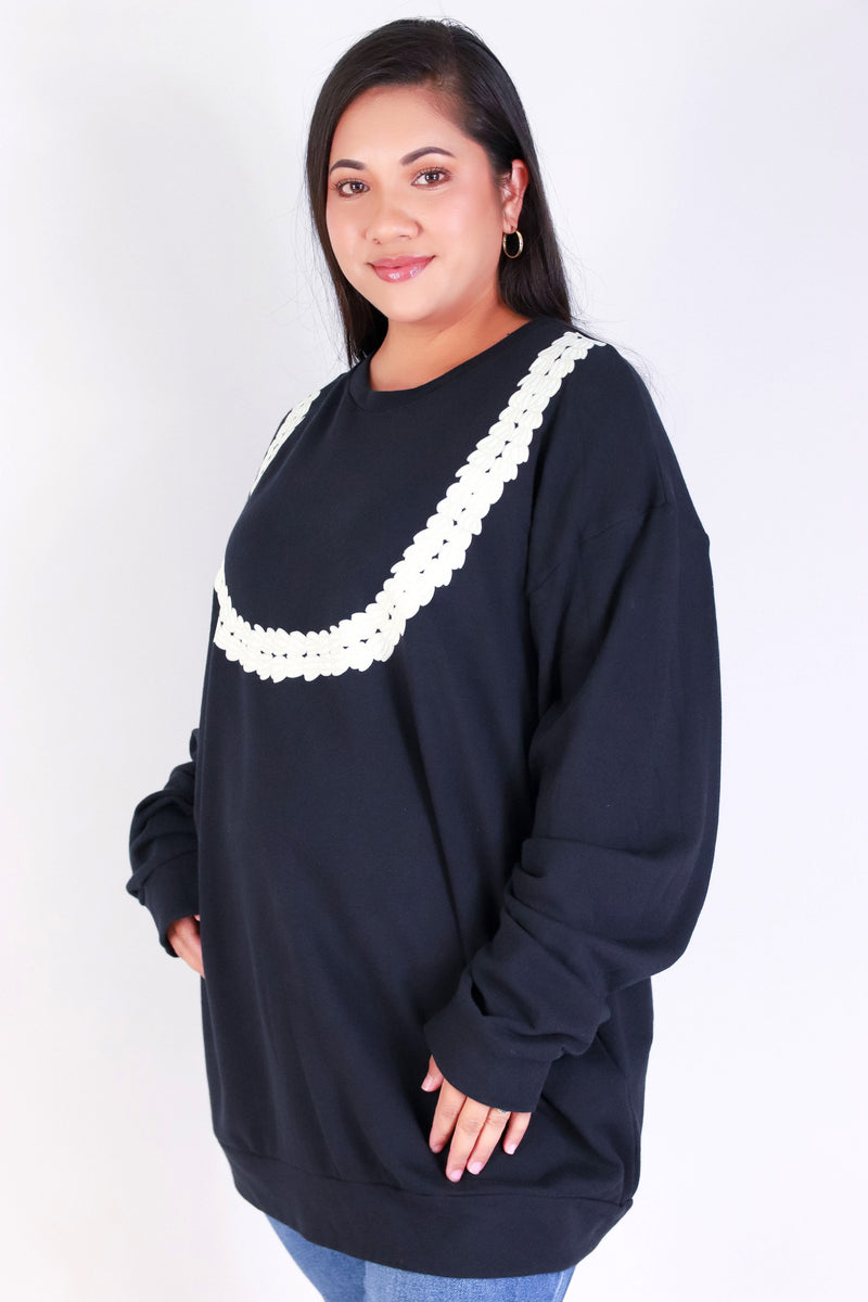 Jeans Warehouse Hawaii - PLUS SOLID LONG SLV TOPS - DOUBLE STRAND PIKAKE LEI SWEATER | By ROCK & ROSE BY CHERIE