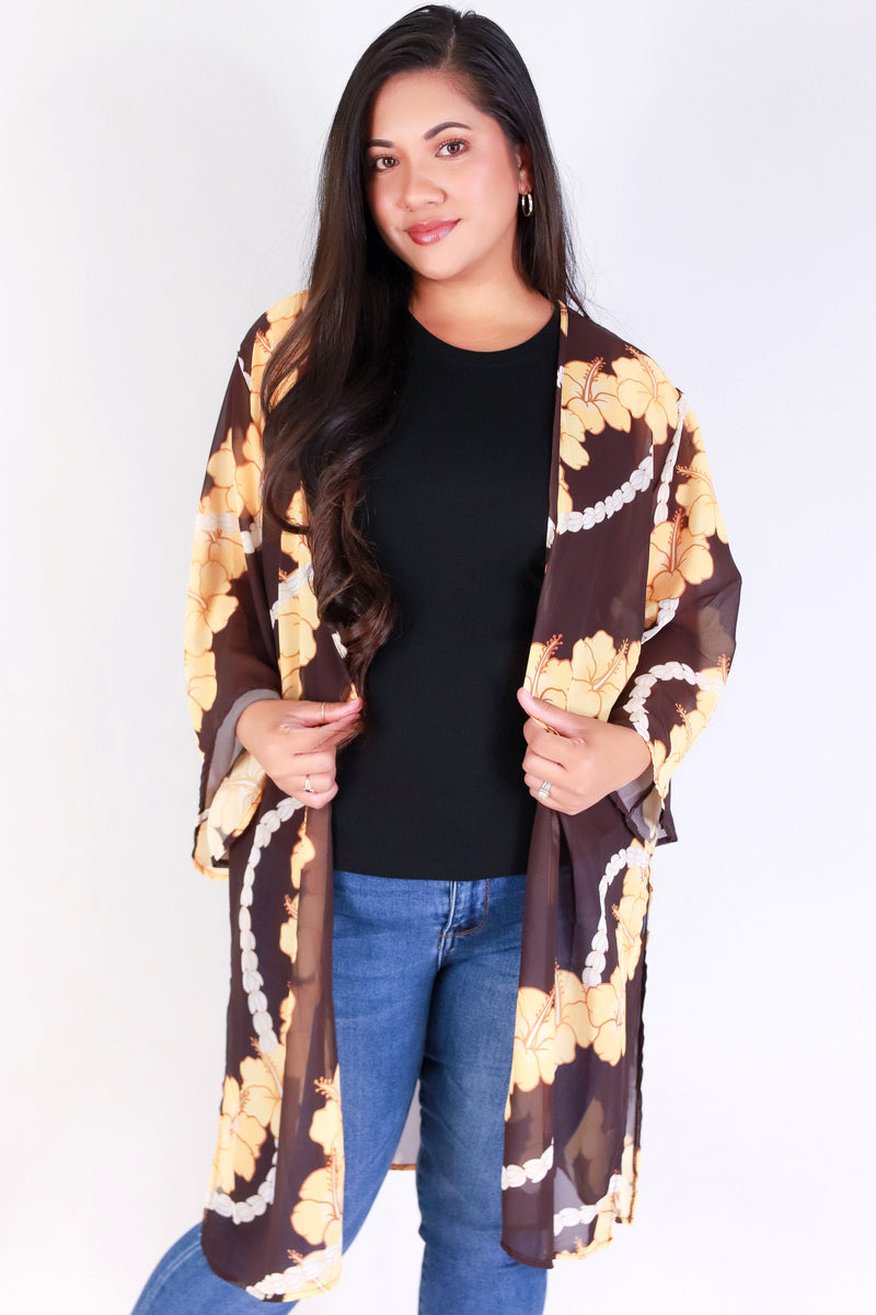 Jeans Warehouse Hawaii - PLUS S/S PRINT WOVEN TOPS - HIBISCUS PIKAKE CHIFFON CARDIGAN | By LUZ