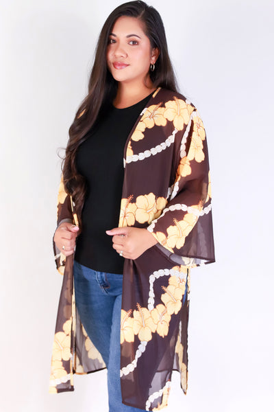 Jeans Warehouse Hawaii - PLUS S/S PRINT WOVEN TOPS - HIBISCUS PIKAKE CHIFFON CARDIGAN | By LUZ