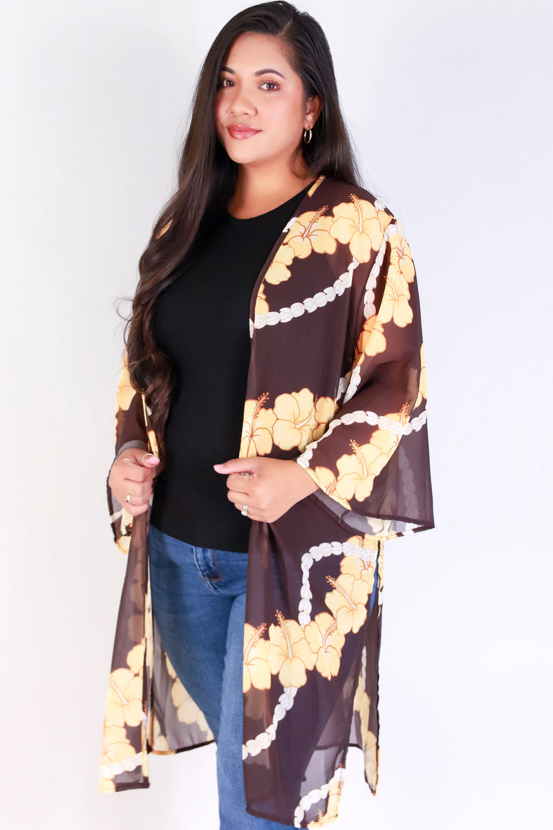 Jeans Warehouse Hawaii - PLUS S/S PRINT WOVEN TOPS - HIBISCUS PIKAKE CHIFFON CARDIGAN | By LUZ