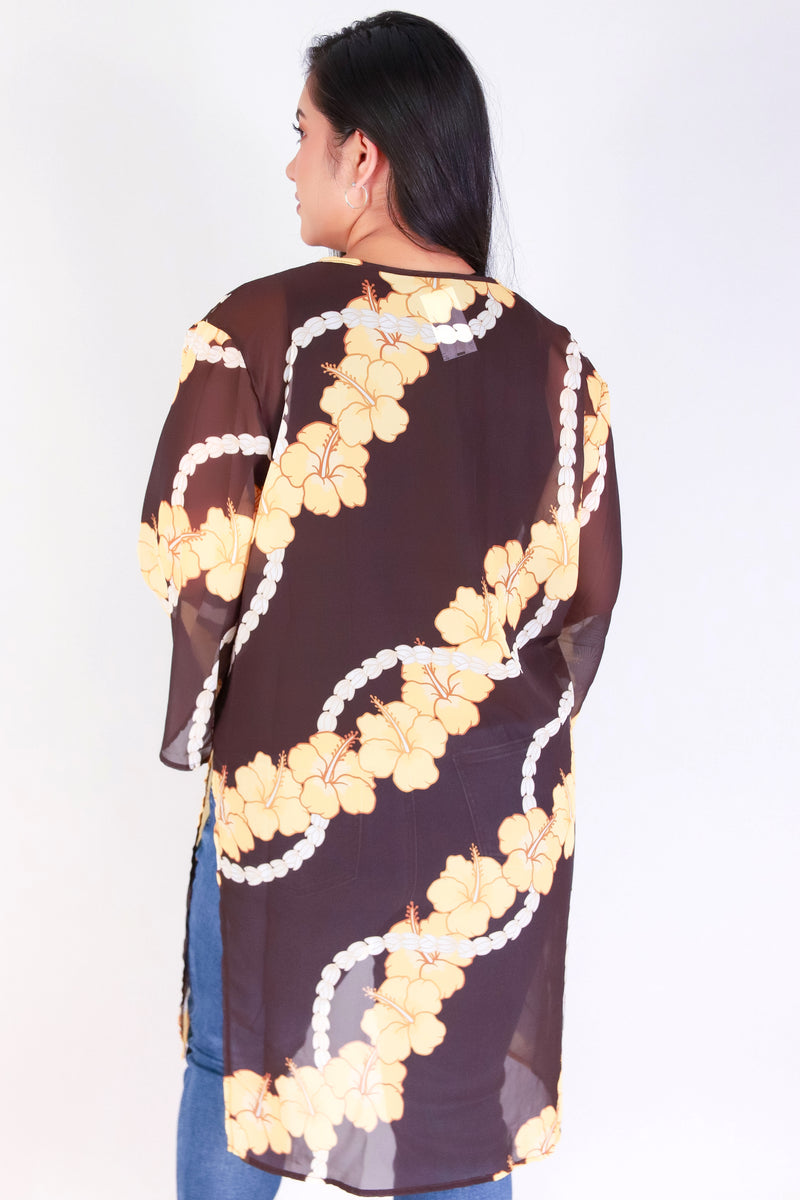 Jeans Warehouse Hawaii - PLUS S/S PRINT WOVEN TOPS - HIBISCUS PIKAKE CHIFFON CARDIGAN | By LUZ