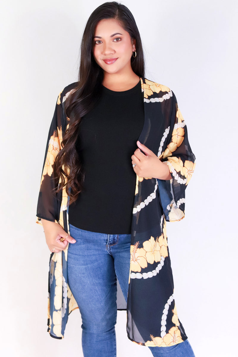 Jeans Warehouse Hawaii - PLUS S/S PRINT WOVEN TOPS - HIBISCUS PIKAKE CHIFFON CARDIGAN | By LUZ