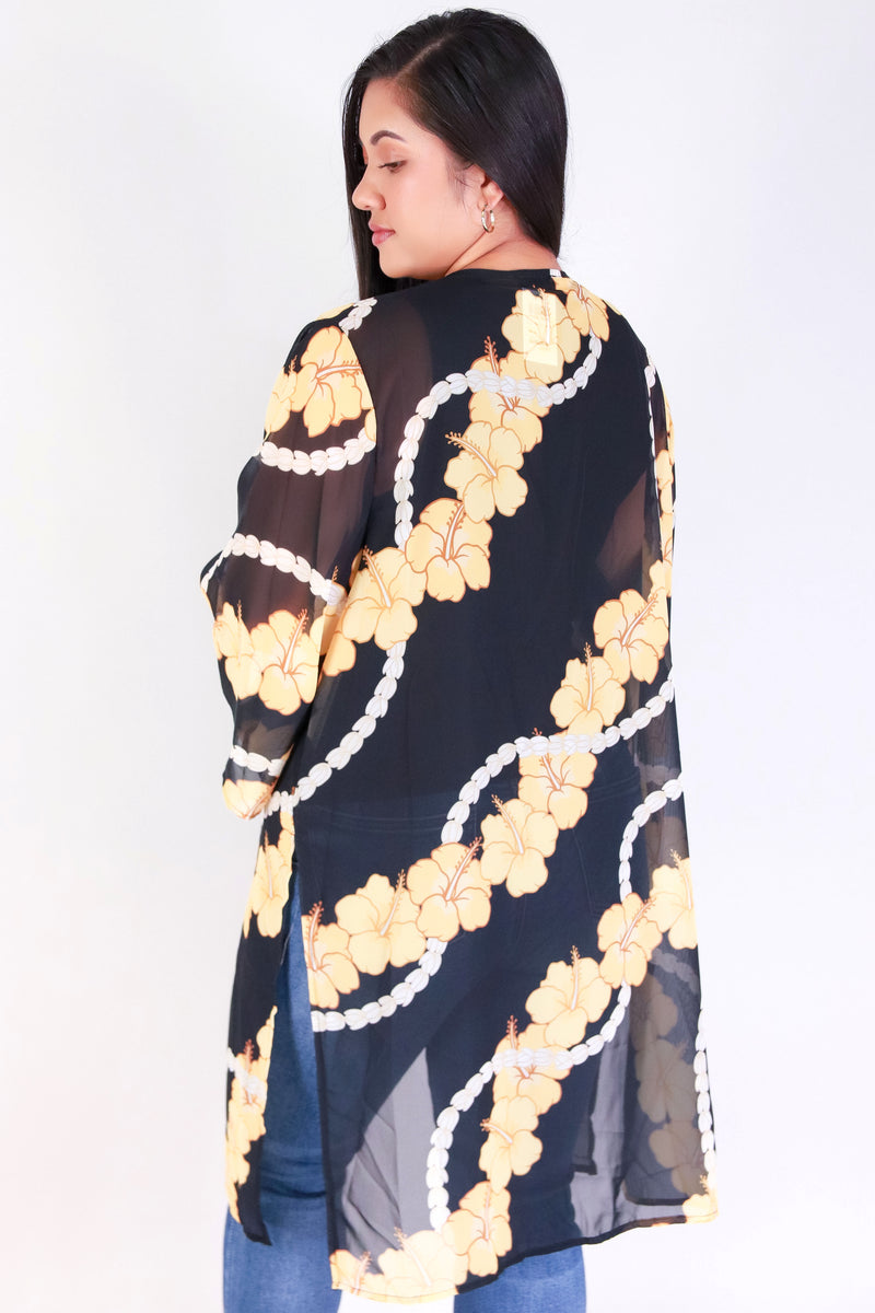 Jeans Warehouse Hawaii - PLUS S/S PRINT WOVEN TOPS - HIBISCUS PIKAKE CHIFFON CARDIGAN | By LUZ