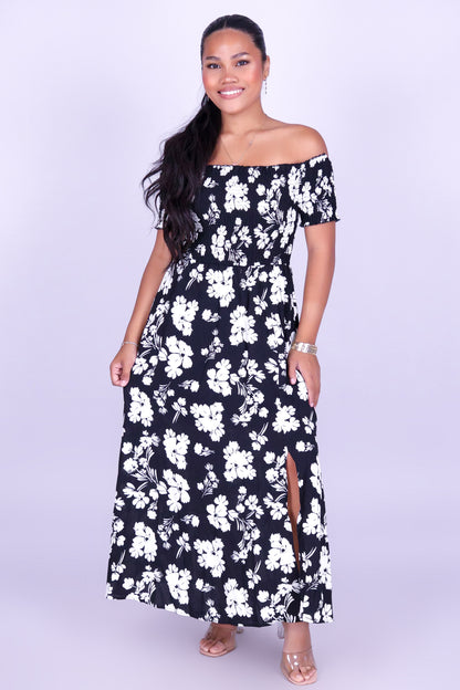 WHISPERING BLOOM OFF SHOULDER MAXI DRESS
