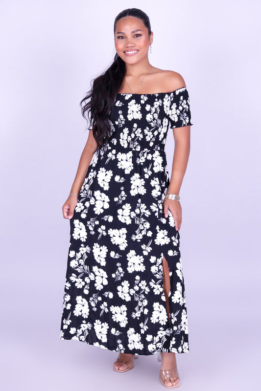 WHISPERING BLOOM OFF SHOULDER MAXI DRESS