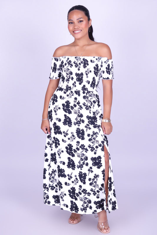 WHISPERING BLOOM OFF SHOULDER MAXI DRESS