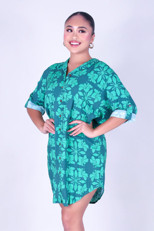 HIBISCUS QUILT BUTTON DOWN DRESS