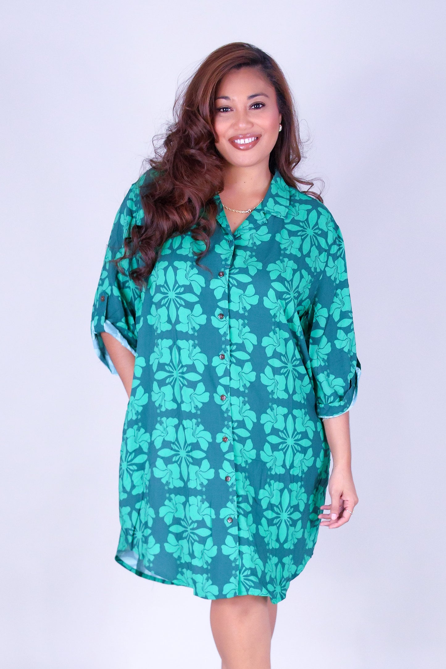 HIBISCUS QUILT BUTTON DOWN DRESS