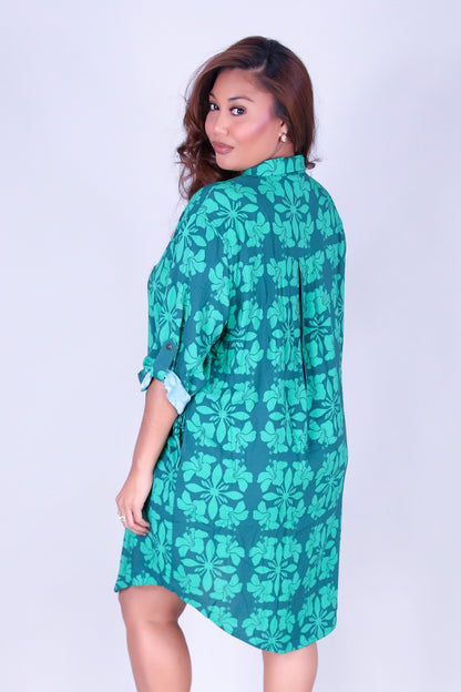 HIBISCUS QUILT BUTTON DOWN DRESS