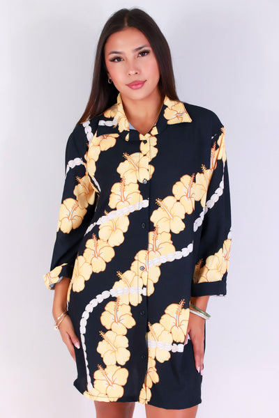 Jeans Warehouse Hawaii - SLEEVE LONG PRINT DRESSES - HIBISCUS PIKAKE BUTTON DOWN DRESS | By LUZ