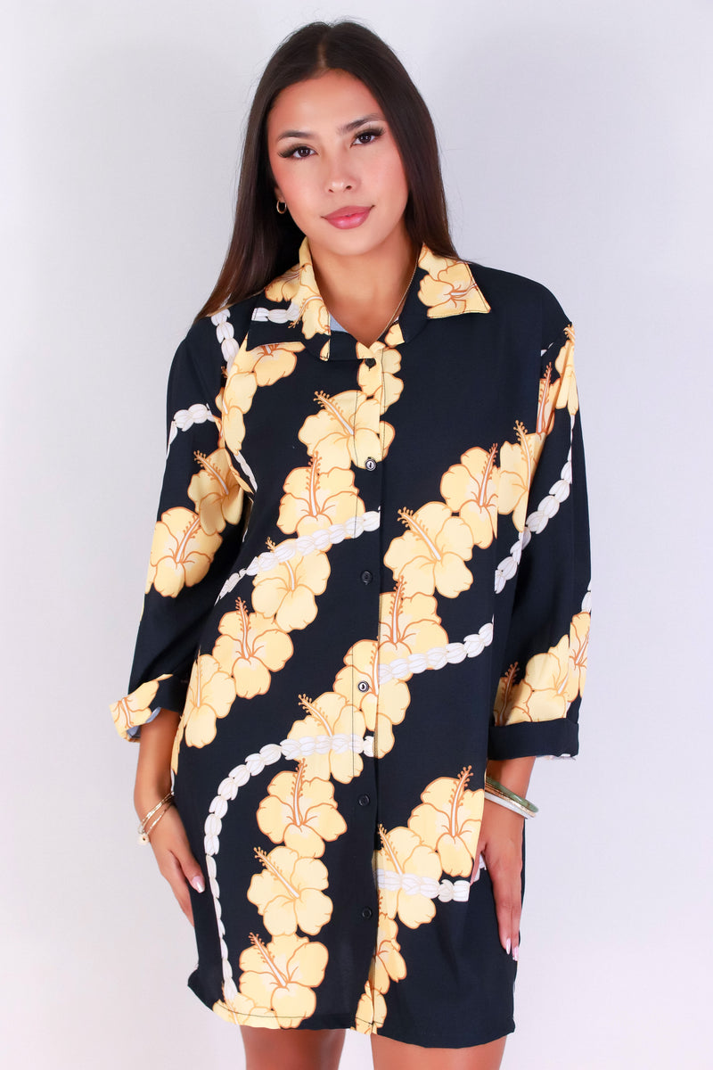 Jeans Warehouse Hawaii - SLEEVE LONG PRINT DRESSES - HIBISCUS PIKAKE BUTTON DOWN DRESS | By LUZ