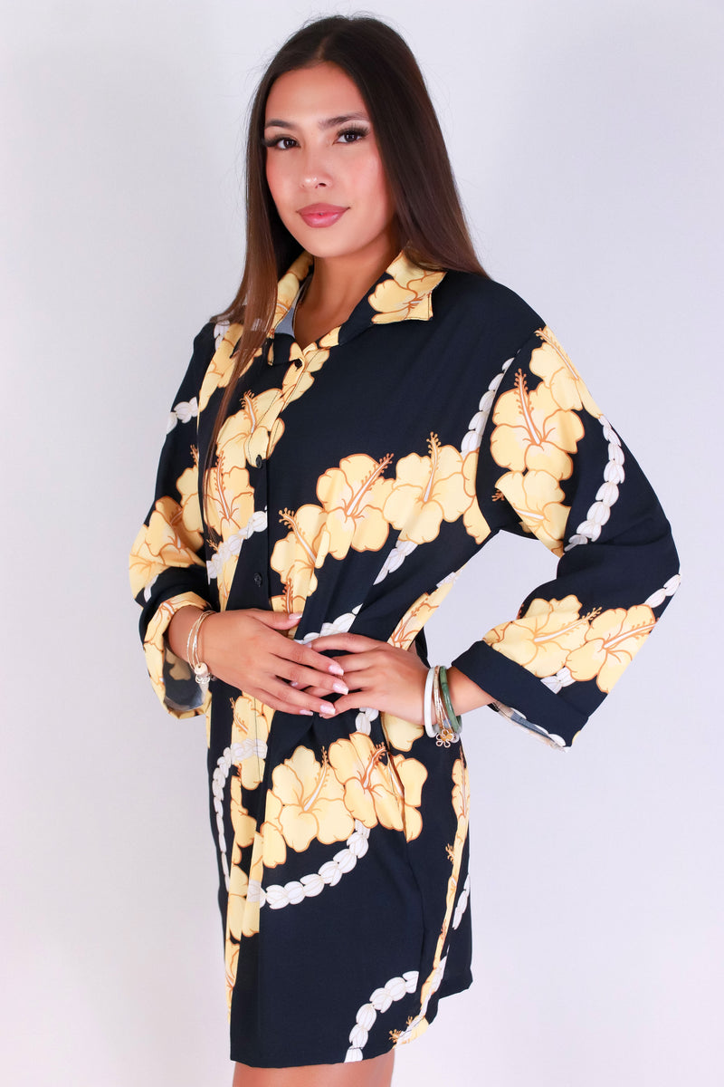 Jeans Warehouse Hawaii - SLEEVE LONG PRINT DRESSES - HIBISCUS PIKAKE BUTTON DOWN DRESS | By LUZ