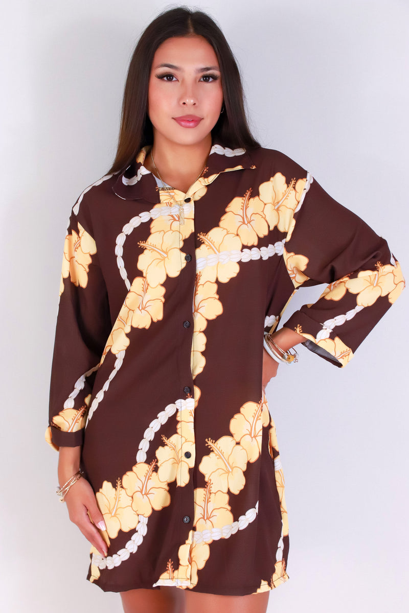 Jeans Warehouse Hawaii - SLEEVE LONG PRINT DRESSES - HIBISCUS PIKAKE BUTTON DOWN DRESS | By LUZ