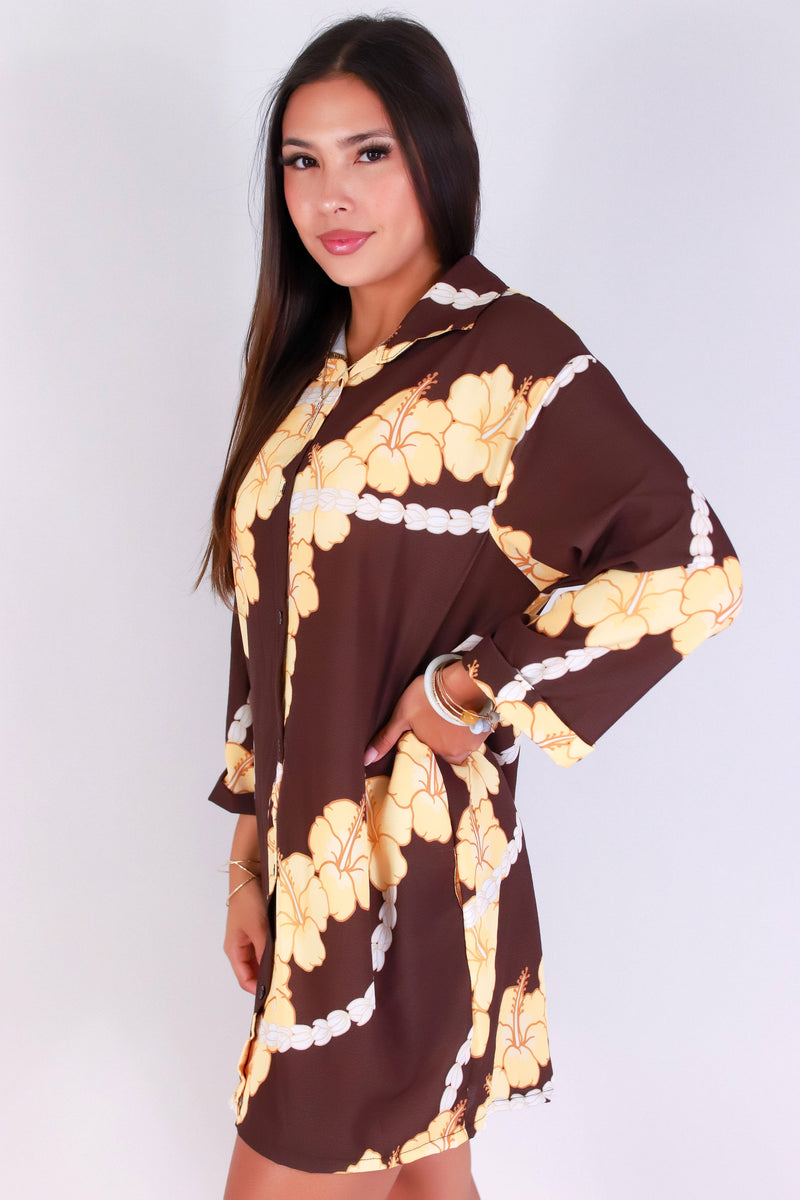 Jeans Warehouse Hawaii - SLEEVE LONG PRINT DRESSES - HIBISCUS PIKAKE BUTTON DOWN DRESS | By LUZ