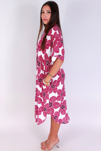 Jeans Warehouse Hawaii - SLEEVE SHORT PRINT DRESSES - HAU FLOWER BUTTON DOWN DRESS | By LUZ