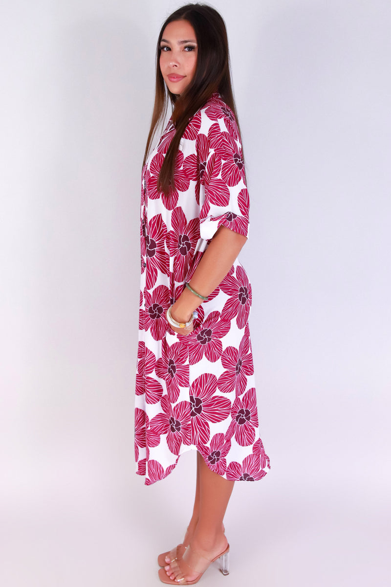 Jeans Warehouse Hawaii - SLEEVE SHORT PRINT DRESSES - HAU FLOWER BUTTON DOWN DRESS | By LUZ
