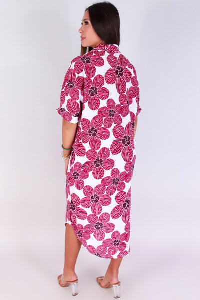 Jeans Warehouse Hawaii - SLEEVE SHORT PRINT DRESSES - HAU FLOWER BUTTON DOWN DRESS | By LUZ