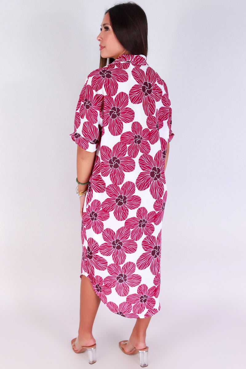 Jeans Warehouse Hawaii - SLEEVE SHORT PRINT DRESSES - HAU FLOWER BUTTON DOWN DRESS | By LUZ