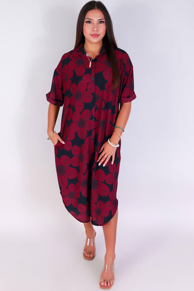 Jeans Warehouse Hawaii - SLEEVE SHORT PRINT DRESSES - HAU FLOWER BUTTON DOWN DRESS | By LUZ