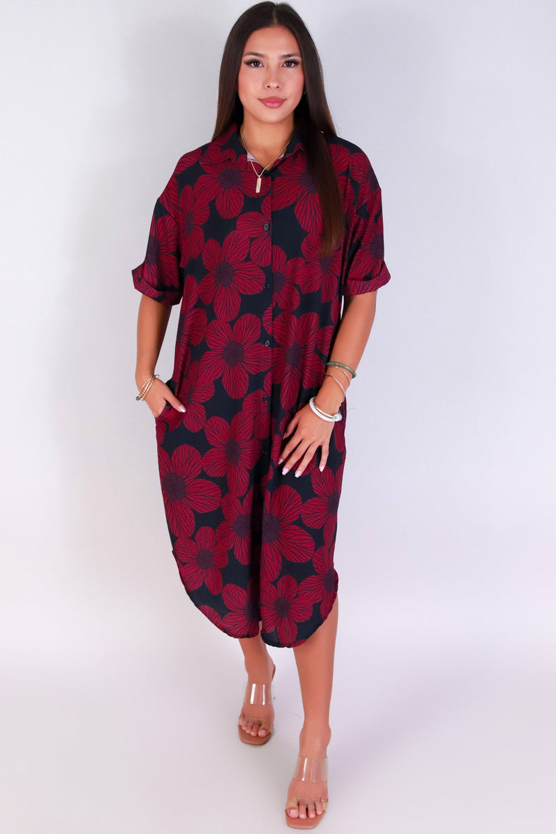 Jeans Warehouse Hawaii - SLEEVE SHORT PRINT DRESSES - HAU FLOWER BUTTON DOWN DRESS | By LUZ