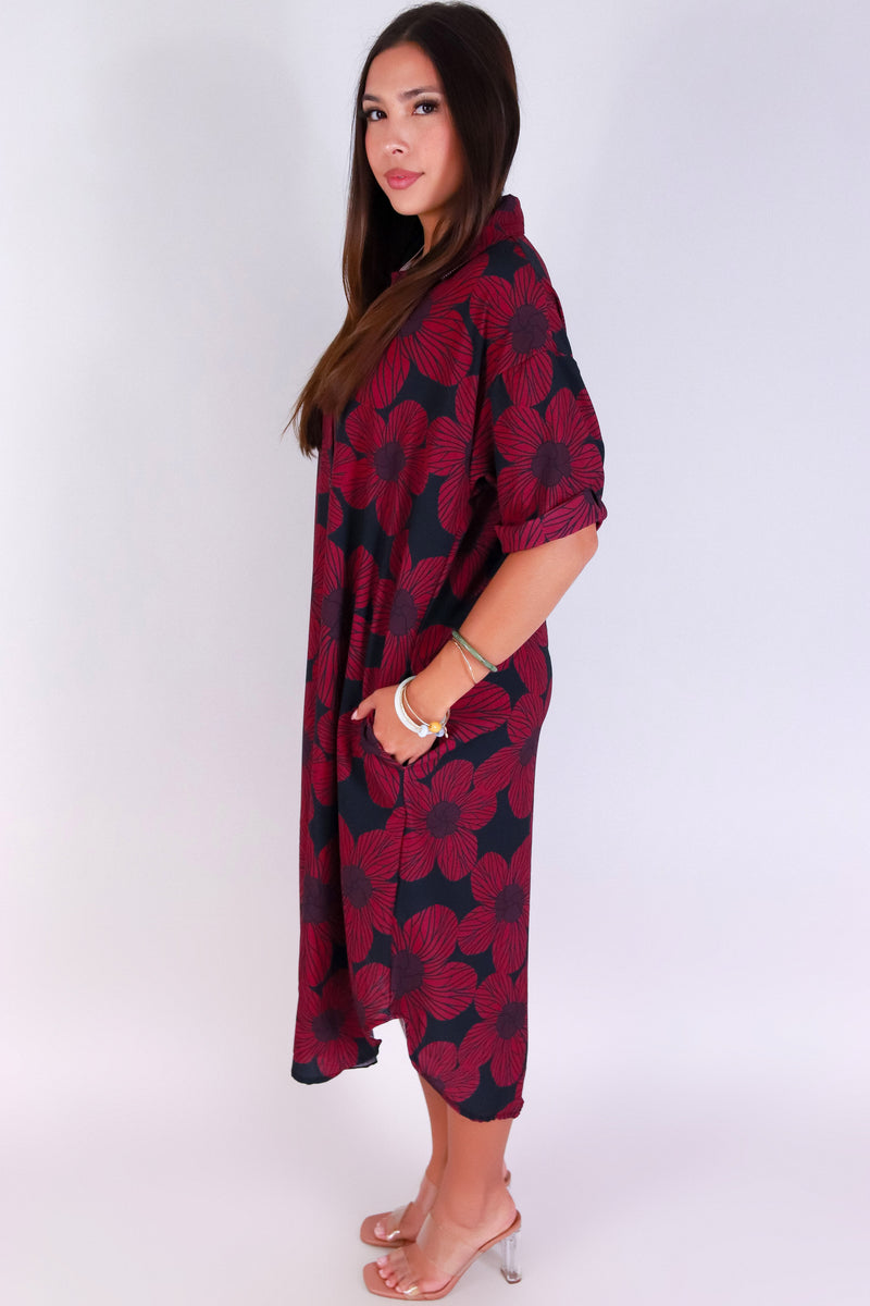 Jeans Warehouse Hawaii - SLEEVE SHORT PRINT DRESSES - HAU FLOWER BUTTON DOWN DRESS | By LUZ
