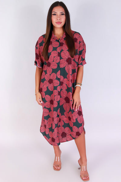 Jeans Warehouse Hawaii - SLEEVE SHORT PRINT DRESSES - HAU FLOWER BUTTON DOWN DRESS | By LUZ