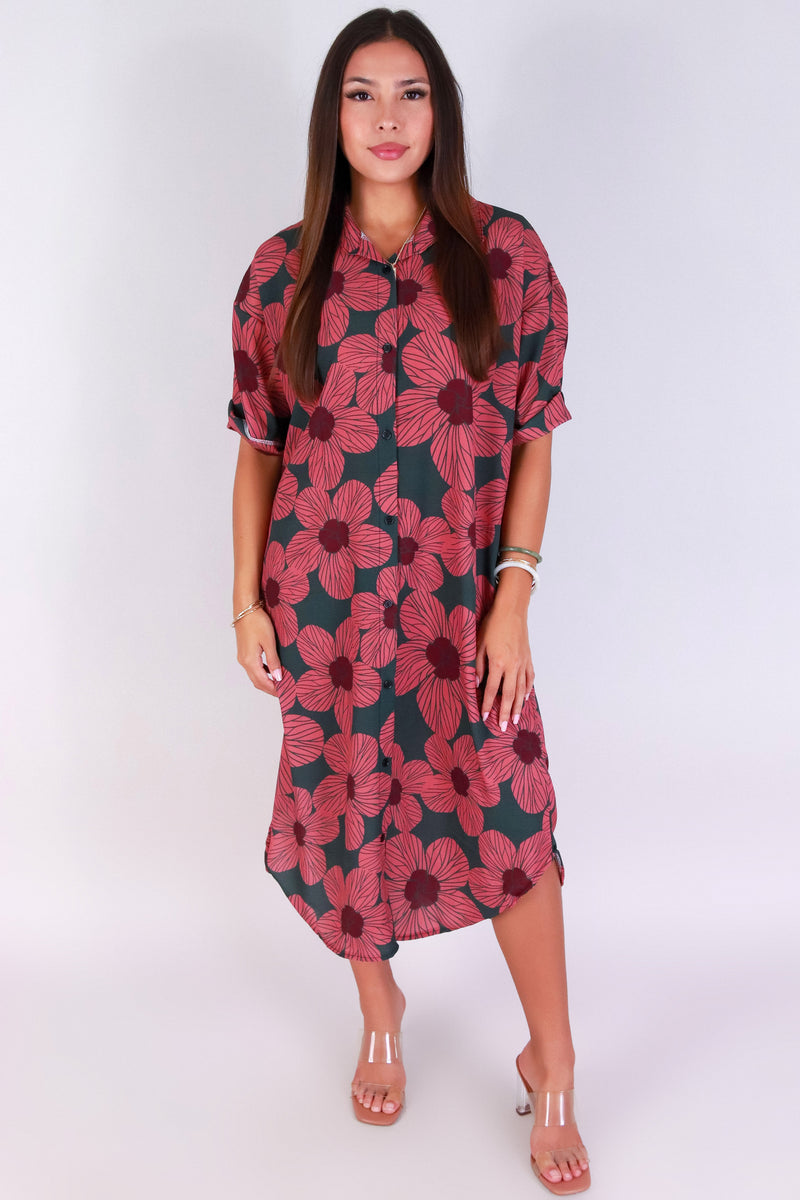 Jeans Warehouse Hawaii - SLEEVE SHORT PRINT DRESSES - HAU FLOWER BUTTON DOWN DRESS | By LUZ