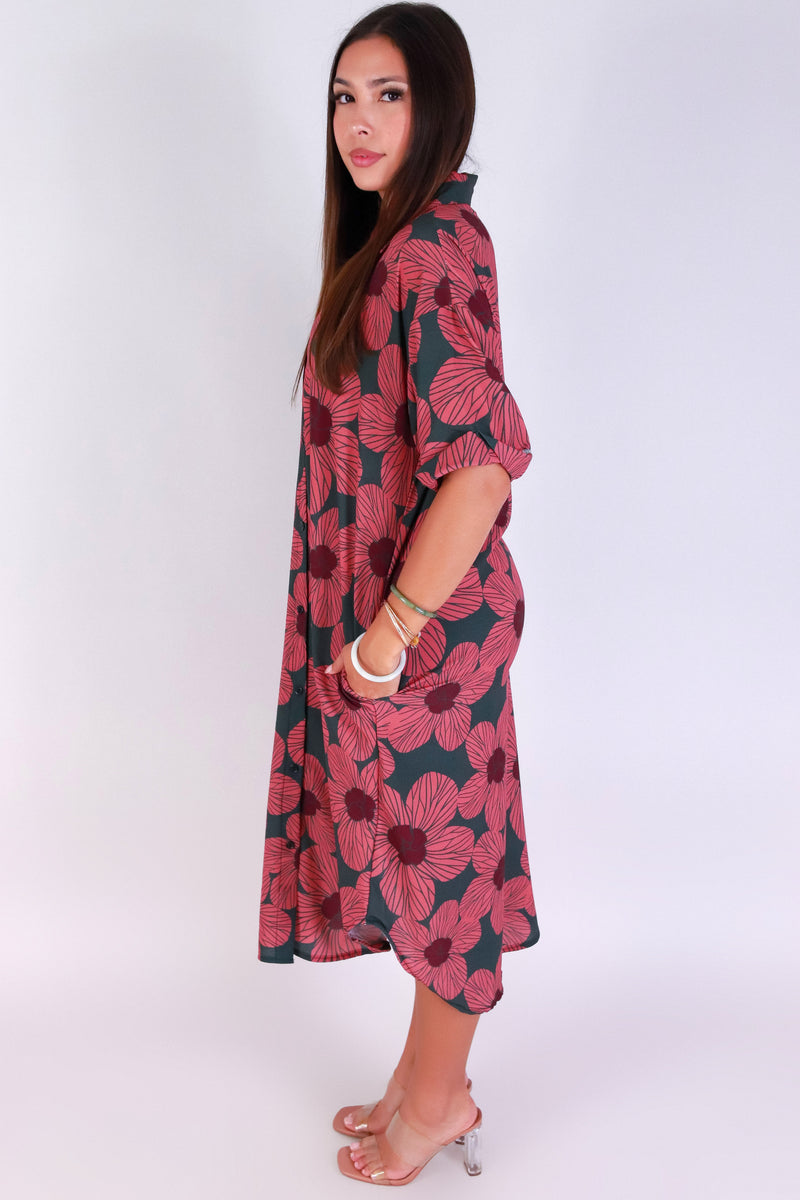 Jeans Warehouse Hawaii - SLEEVE SHORT PRINT DRESSES - HAU FLOWER BUTTON DOWN DRESS | By LUZ
