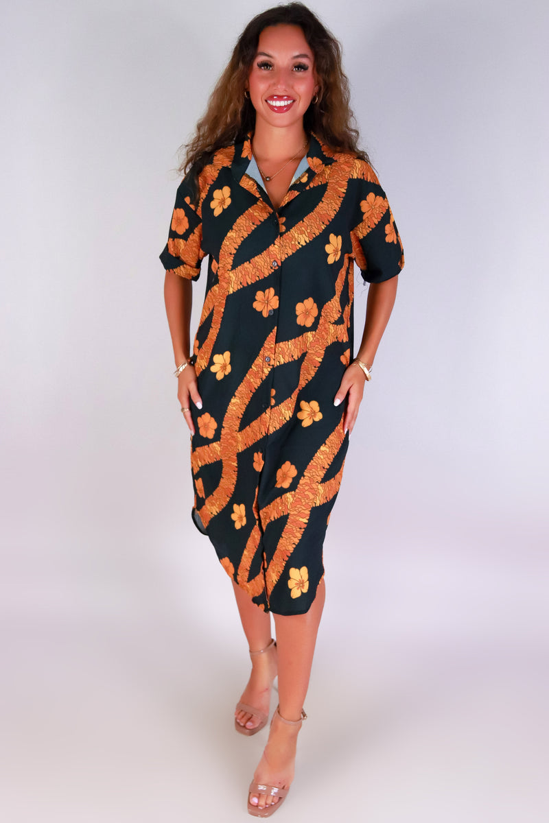 Jeans Warehouse Hawaii - SLEEVE SHORT PRINT DRESSES - ILIMA BUTTON DOWN DRESS | By LUZ