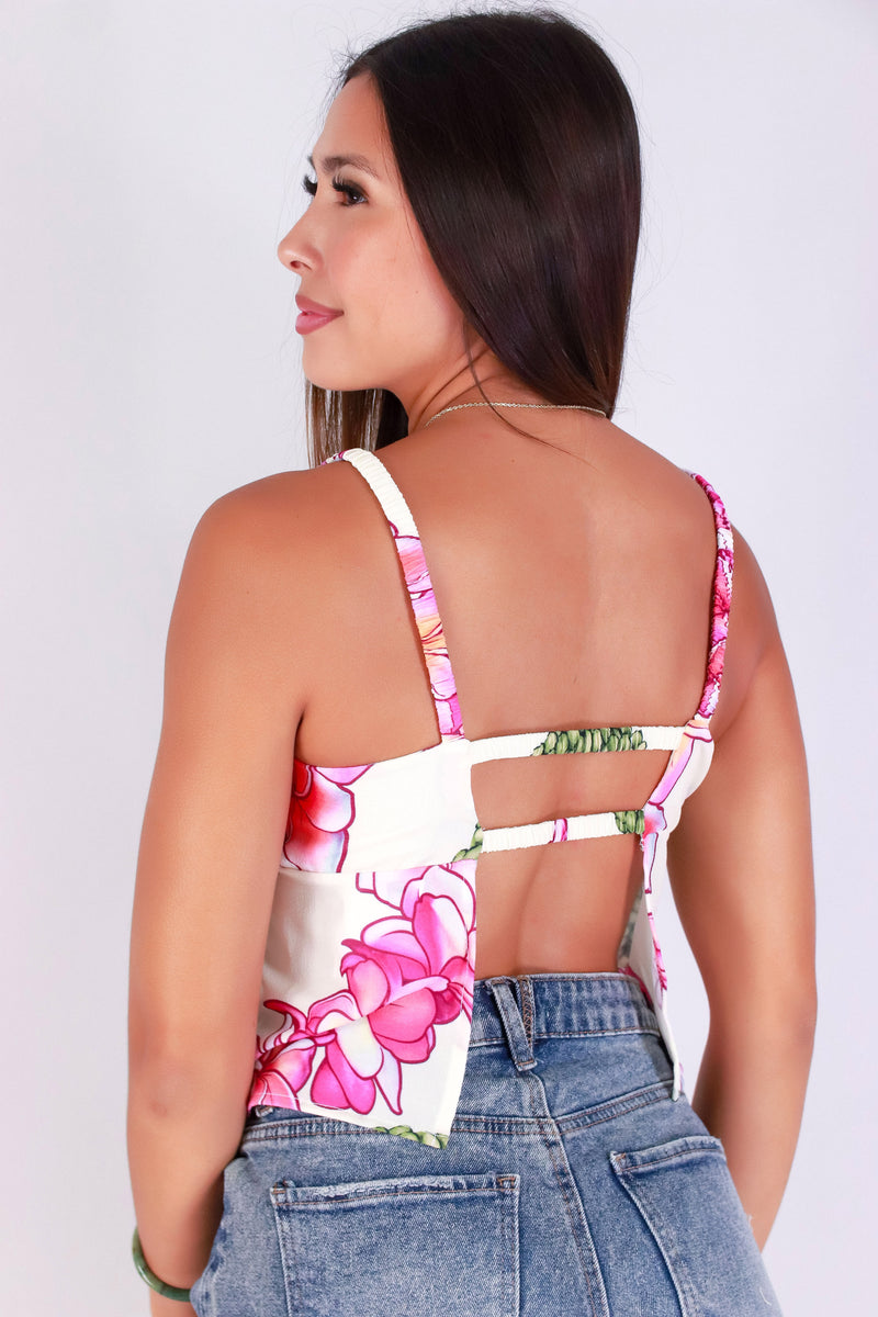 Jeans Warehouse Hawaii - TANK PRINT WOVEN DRESSY TOPS - PLUMERIA MOKIHANA OPEN BACK TANK TOP | By LUZ