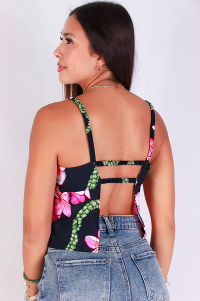 Jeans Warehouse Hawaii - TANK PRINT WOVEN DRESSY TOPS - PLUMERIA MOKIHANA OPEN BACK TANK TOP | By LUZ