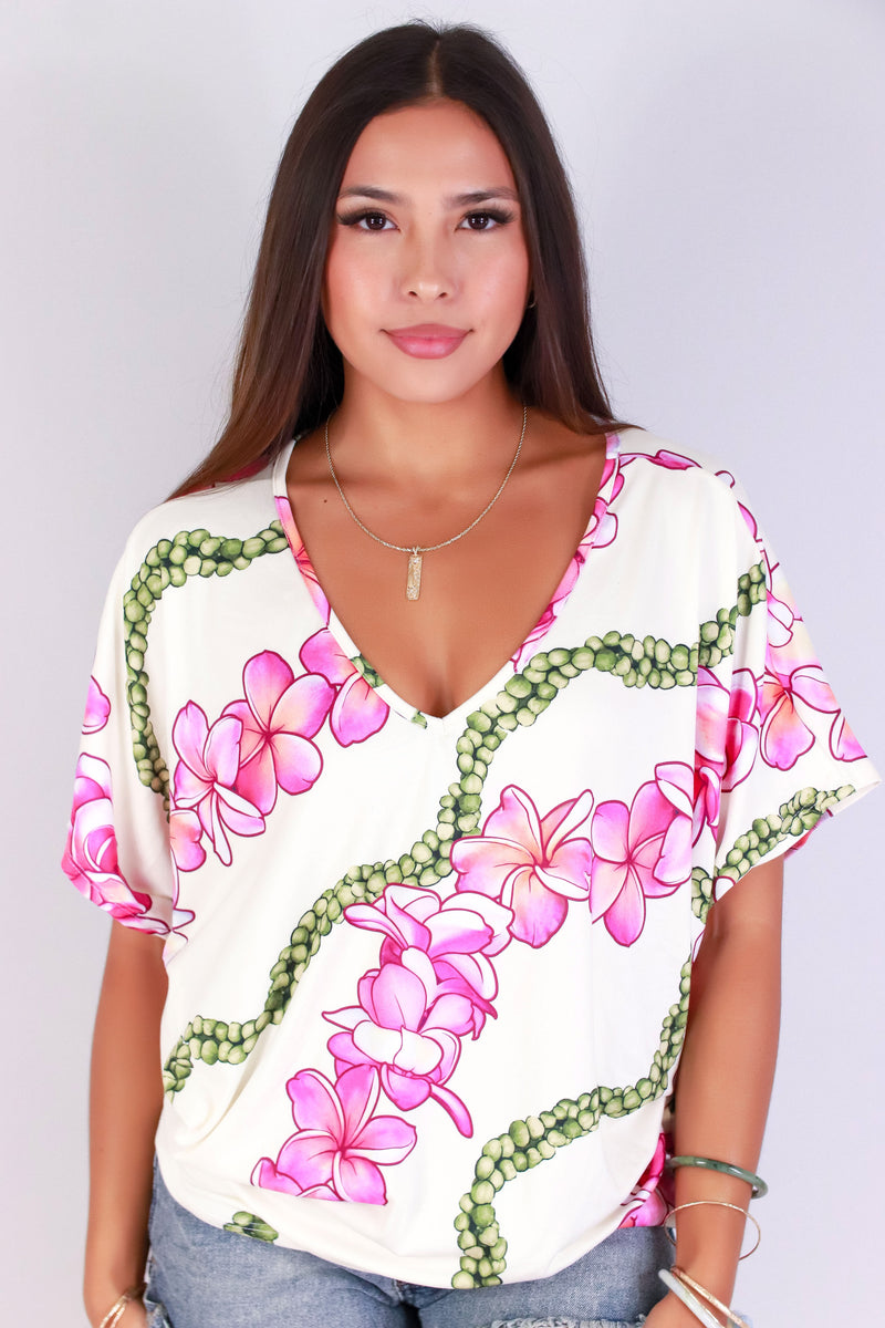 Jeans Warehouse Hawaii - SS PRINT - PLUMERIA MOKIHANA DOLMAN TOP | By LUZ