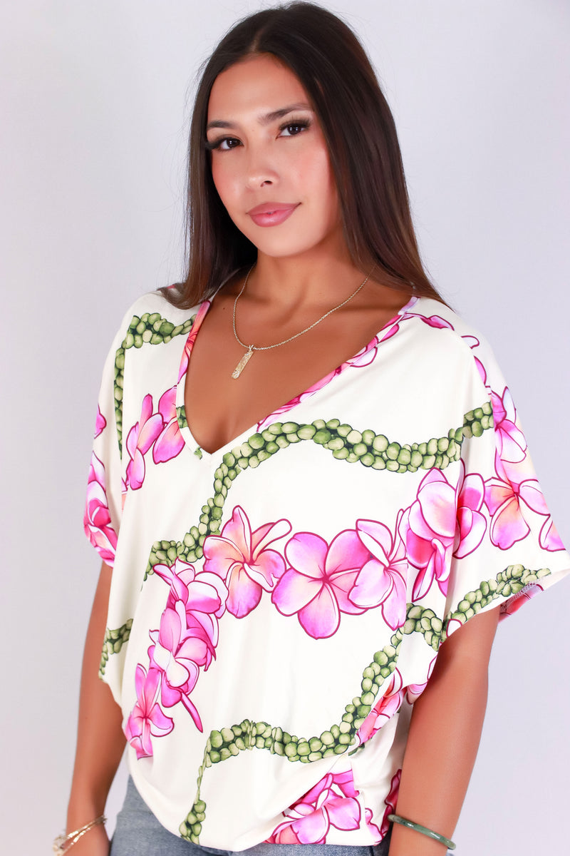 Jeans Warehouse Hawaii - SS PRINT - PLUMERIA MOKIHANA DOLMAN TOP | By LUZ