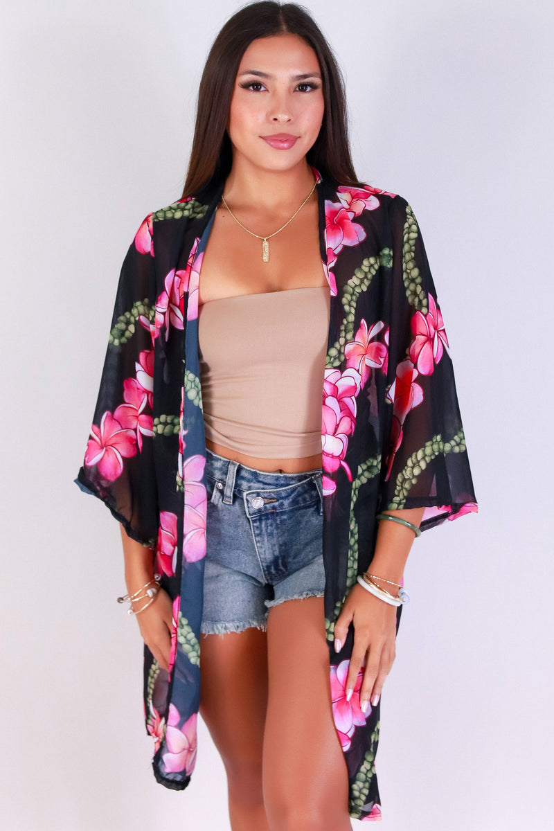 Jeans Warehouse Hawaii - S/S PRINT WOVEN DRESSY TOPS - PLUMERIA MOKIHANA CHIFFON CARDIGAN | By LUZ