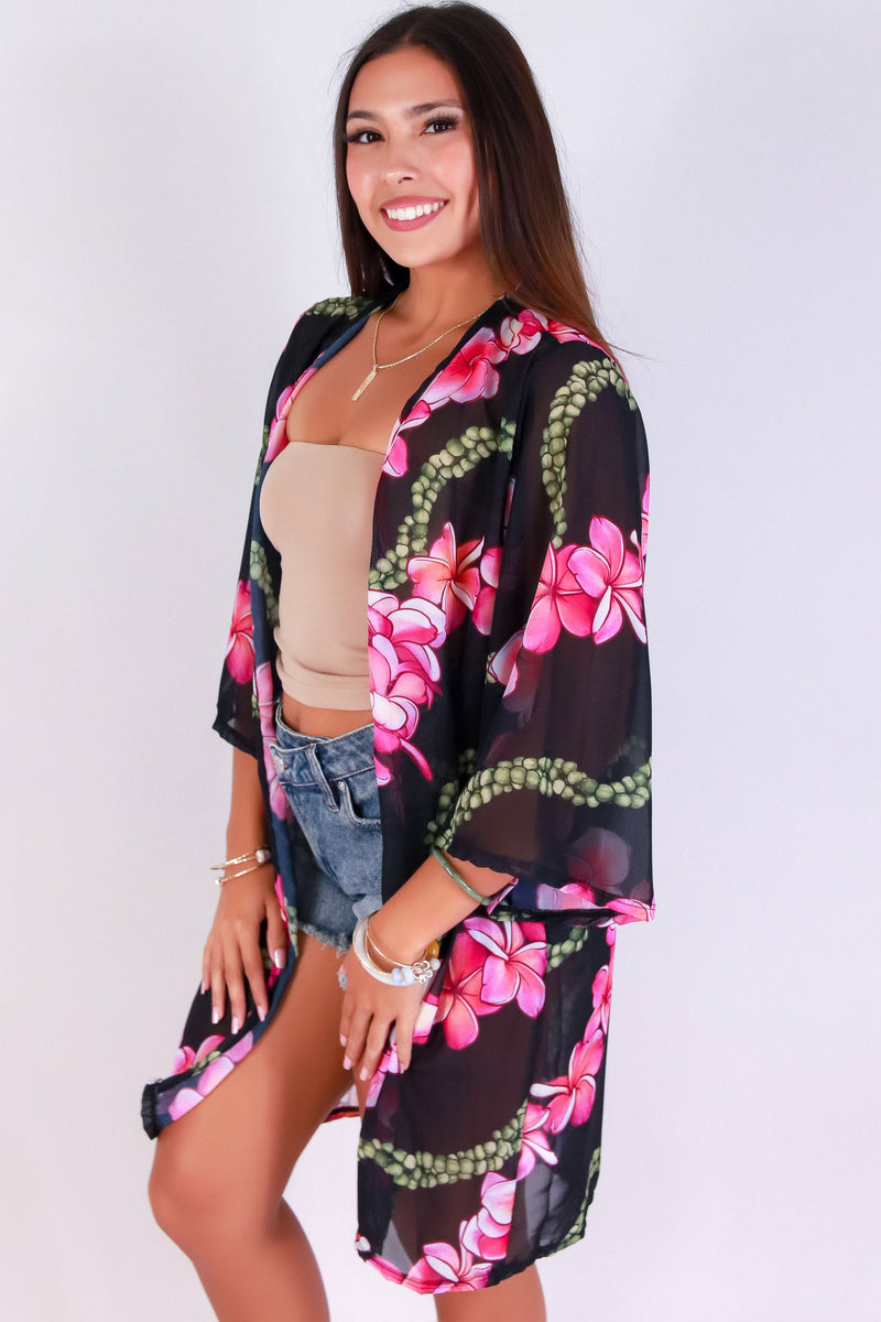 Jeans Warehouse Hawaii - S/S PRINT WOVEN DRESSY TOPS - PLUMERIA MOKIHANA CHIFFON CARDIGAN | By LUZ