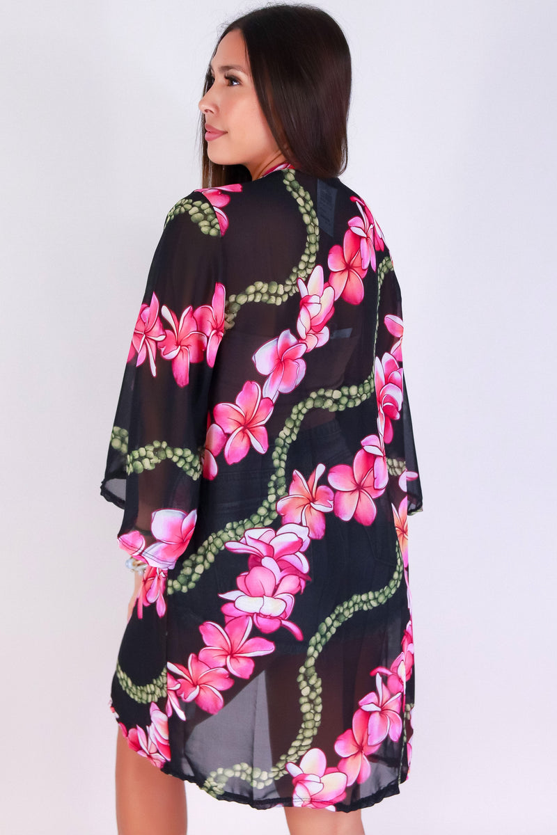Jeans Warehouse Hawaii - S/S PRINT WOVEN DRESSY TOPS - PLUMERIA MOKIHANA CHIFFON CARDIGAN | By LUZ