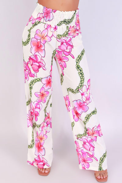 Jeans Warehouse Hawaii - PRINT WOVEN PANTS - PLUMERIA MOKIHANA SMOCKED WAIST PANTS | By LUZ