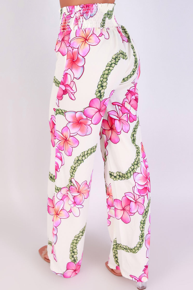 Jeans Warehouse Hawaii - PRINT WOVEN PANTS - PLUMERIA MOKIHANA SMOCKED WAIST PANTS | By LUZ