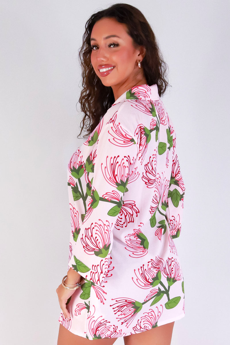 Jeans Warehouse Hawaii - SLEEVE LONG PRINT DRESSES - OHIA LEHUA BUTTON DOWN DRESS | By LUZ