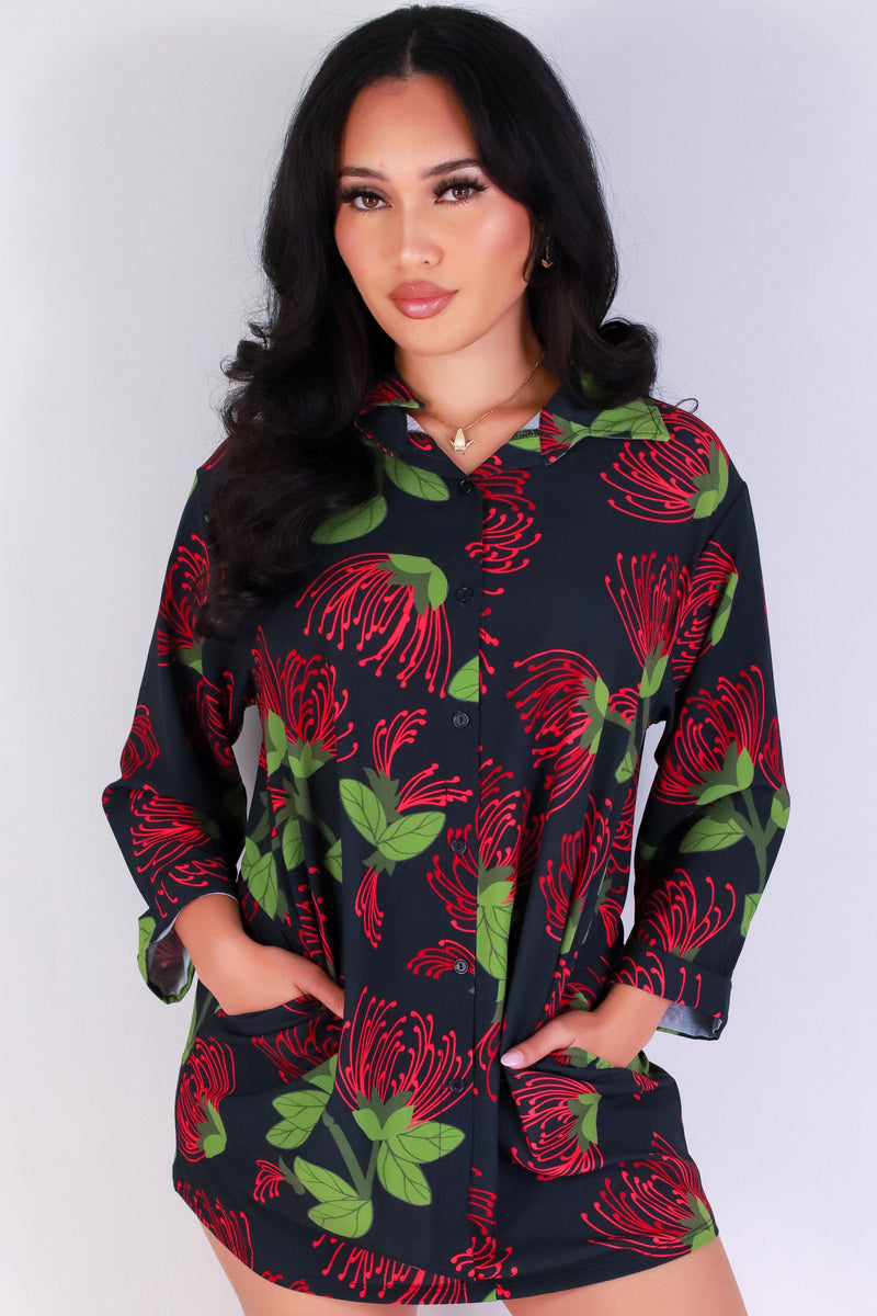 Jeans Warehouse Hawaii - SLEEVE LONG PRINT DRESSES - OHIA LEHUA BUTTON DOWN DRESS | By LUZ
