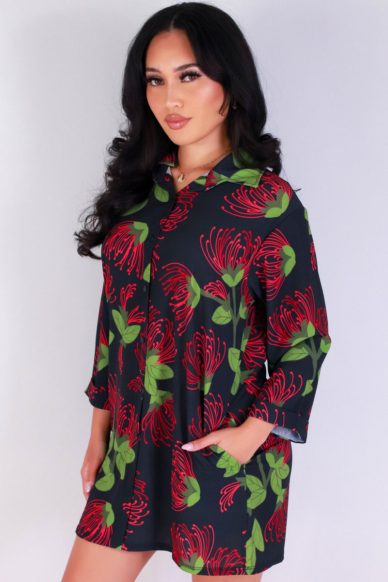 Jeans Warehouse Hawaii - SLEEVE LONG PRINT DRESSES - OHIA LEHUA BUTTON DOWN DRESS | By LUZ