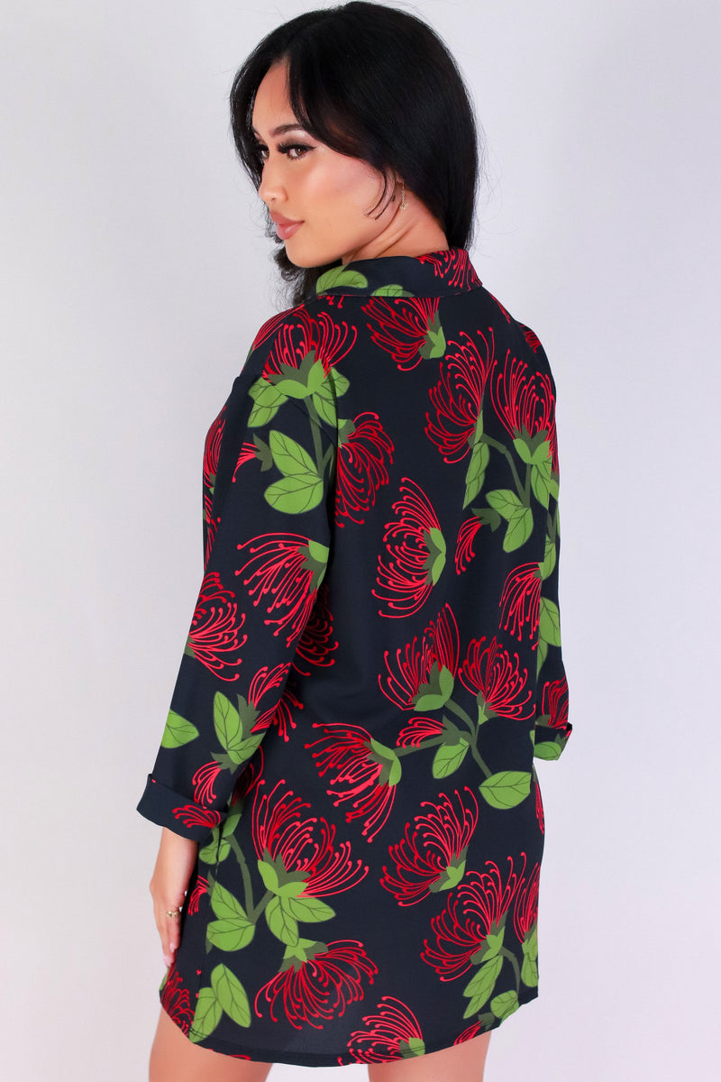 Jeans Warehouse Hawaii - SLEEVE LONG PRINT DRESSES - OHIA LEHUA BUTTON DOWN DRESS | By LUZ