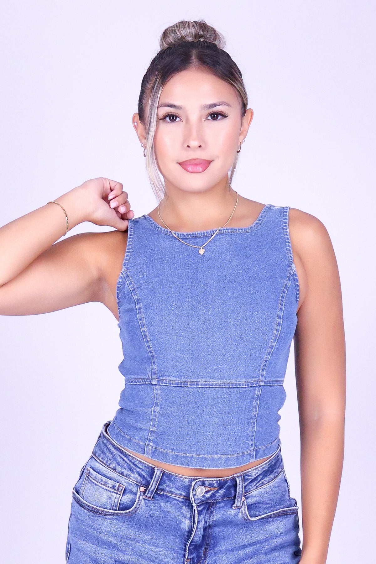 SO, IT GOES CROP DENIM TOP
