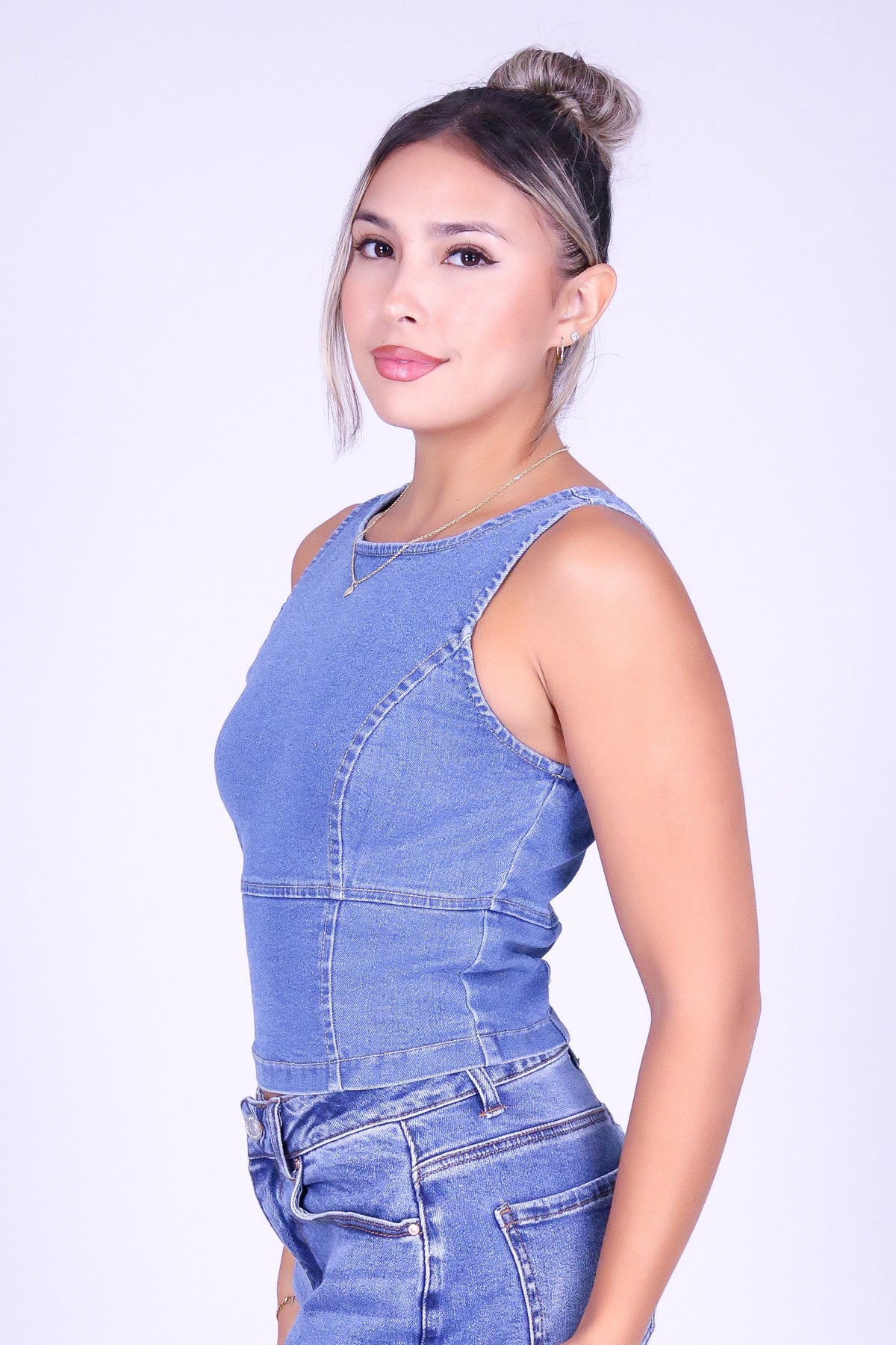 SO, IT GOES CROP DENIM TOP