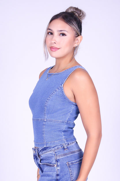 SO, IT GOES CROP DENIM TOP