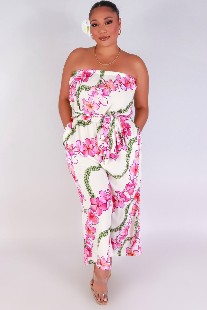 Jeans Warehouse Hawaii - PLUS PRINTED JUMPSUITS - PLUMERIA MOKIHANA TUBE JUMPSUIT | By LUZ