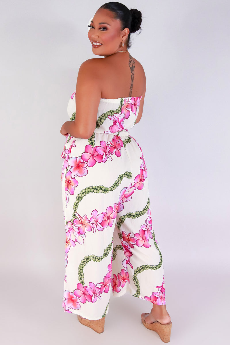 Jeans Warehouse Hawaii - PLUS PRINTED JUMPSUITS - PLUMERIA MOKIHANA TUBE JUMPSUIT | By LUZ