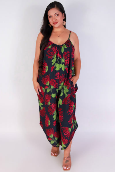 Jeans Warehouse Hawaii - PLUS PRINTED JUMPSUITS - OHIA LEHUA NO WAIST JUMPSUIT | By LUZ