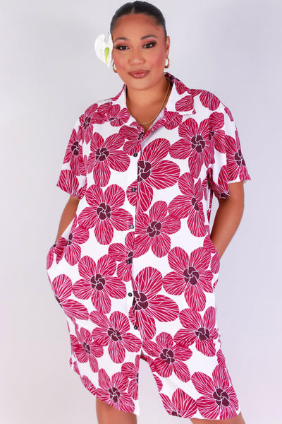 Jeans Warehouse Hawaii - PLUS PLUS WOVEN PRINT DRESSES - HAU FLOWER BUTTON DOWN DRESS | By LUZ
